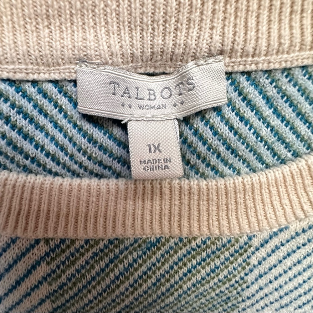 Talbots Womens 1X Striped Cotton Knit Pullover Sweater Blue Green Cream - Picture 8 of 8